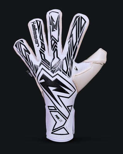 Backhand view of the Kaliaaer Black and white secure cut junior goalkeeper gloves