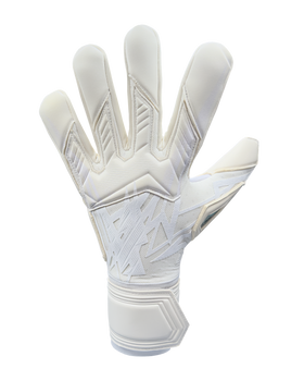 A white soccer goalkeeper glove with logo