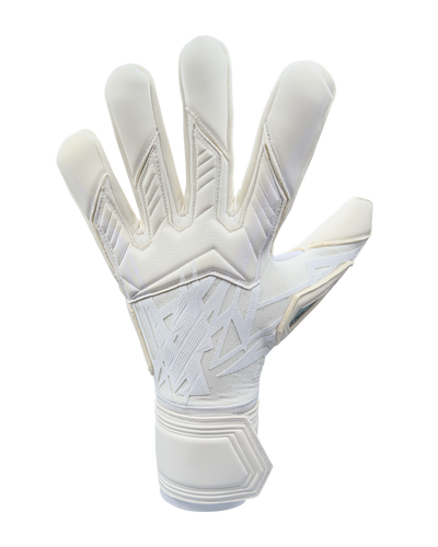 A white soccer goalkeeper glove with logo