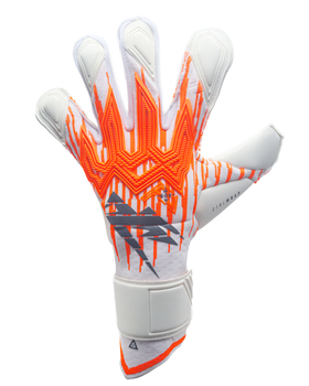 White and orange soccer glove with brand logo on a white background