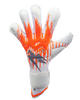 White and orange soccer glove with brand logo on a white background
