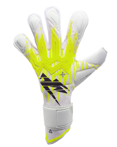 White goalkeeper glove with yellow accents and black logo on a white background