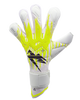 White goalkeeper glove with yellow accents and black logo on a white background