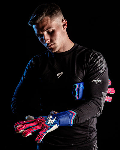 Pink and blue goalie gloves
