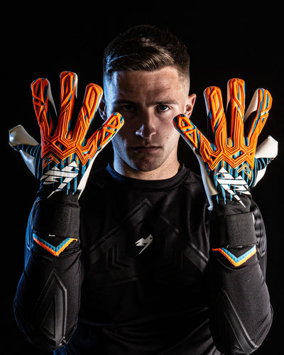 orange and blue goalie gloves