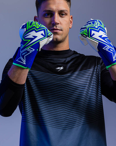 Man wearing Kaliaaer Azure Green Neg Goalkeeper Gloves
