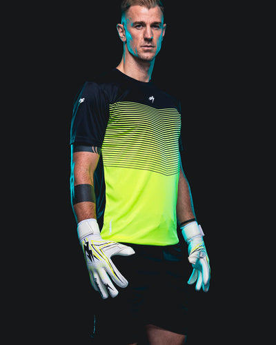 Joe Hart wearing Kaliaaer JH goalkeeper gloves in white and Neo
